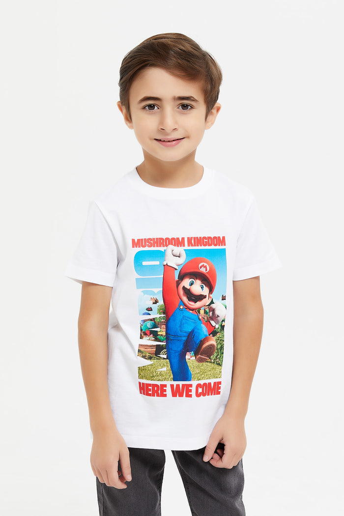 Redtag-White-Super-Mario-Short-Sleeve-T-Shirt-BOY-T-Shirts,-Category:T-Shirts,-Colour:White,-Deals:New-In,-Filter:Boys-(2-to-8-Yrs),-H1:KWR,-H2:BOY,-H3:TSH,-H4:TSH,-KWRBOYTSHTSH,-New-In-BOY,-Non-Sale,-ProductType:Printed-T-Shirt,-Season:W23B,-Section:Boys-(0-to-14Yrs),-W23B-Boys-2 to 8 Years