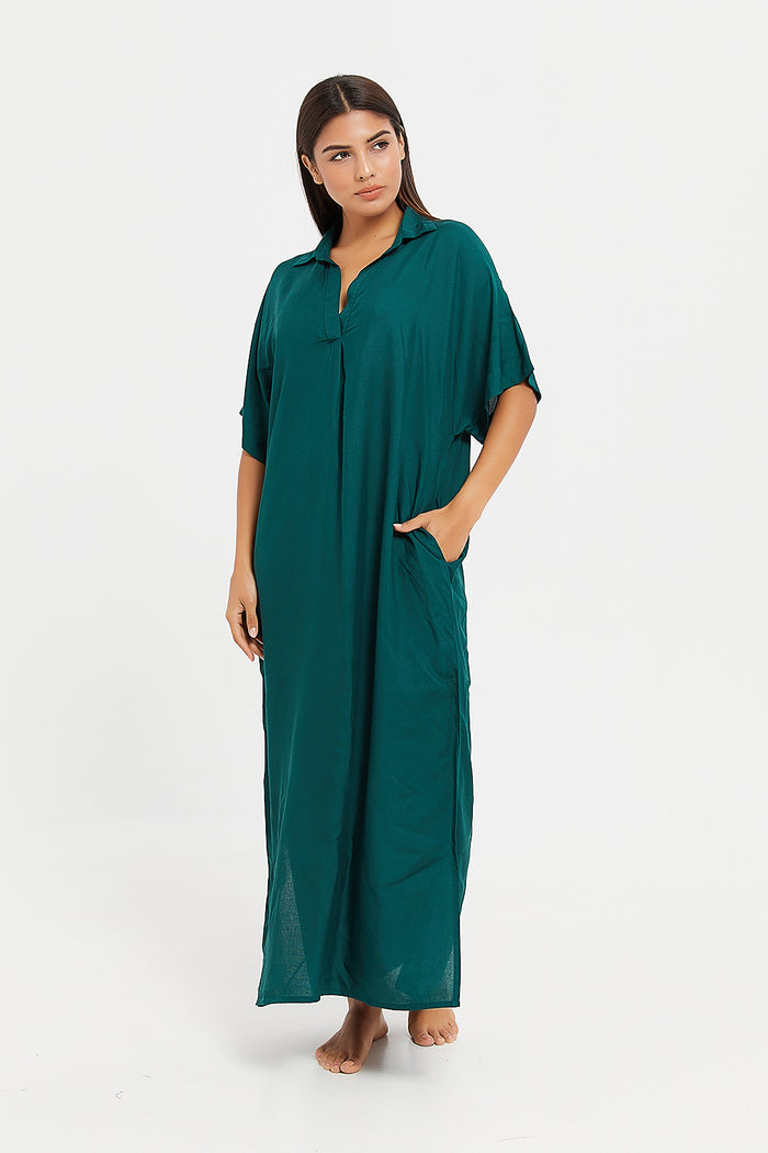 Redtag-Green-Collar-Nightgown-Category:Nightgowns,-Colour:Green,-Deals:New-In,-Filter:Women's-Clothing,-H1:LWR,-H2:LDN,-H3:NWR,-H4:NGN,-LWRLDNNWRNGN,-New-In-Women,-Non-Sale,-ProductType:Nightgowns,-Season:W23B,-Section:Women,-W23B,-Women-Nightgowns-Women's-0