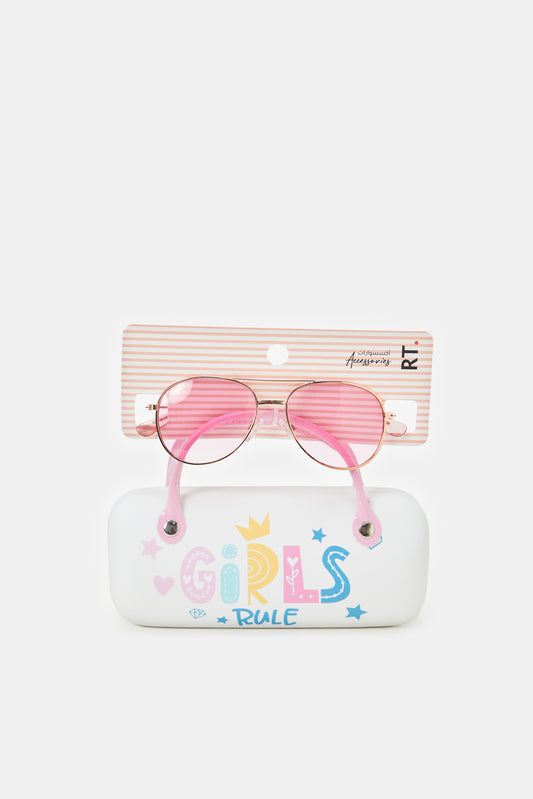 نظارات شمسية بشكل أفياتور مزينة باللون الوردي للبنات مع علبة مزينة