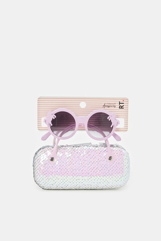 نظارات شمسية بشكل دائري مزينة باللون الوردي للبنات مع علبة مزينة 
