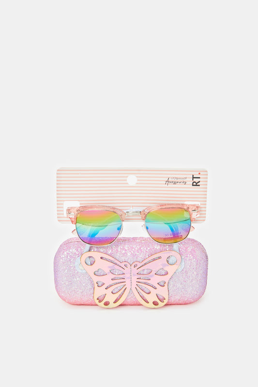 نظارات شمسية بشكل وايفيرر مزينة باللون الوردي للبنات مع علبة مزينة 