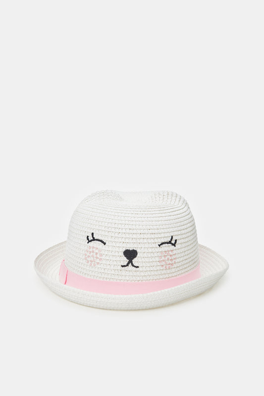 قبعة شمس مزينة باللون الأبيض للبنات