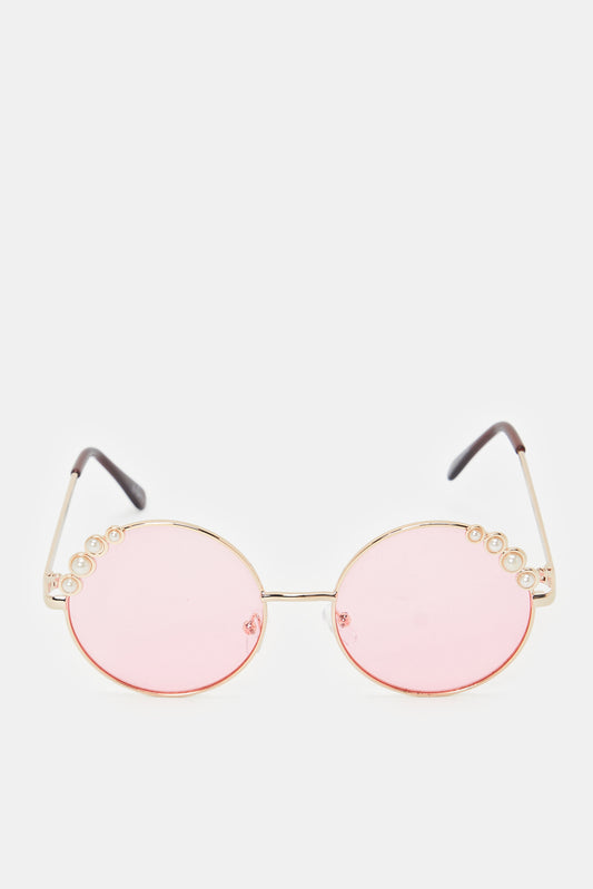 نظارات شمسية بشكل دائري مزينة باللون الوردي للبنات 