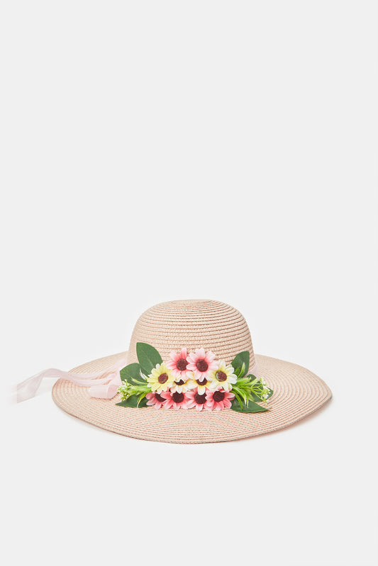 قبعة شمس مزينة أزهار باللون الوردي للنساء