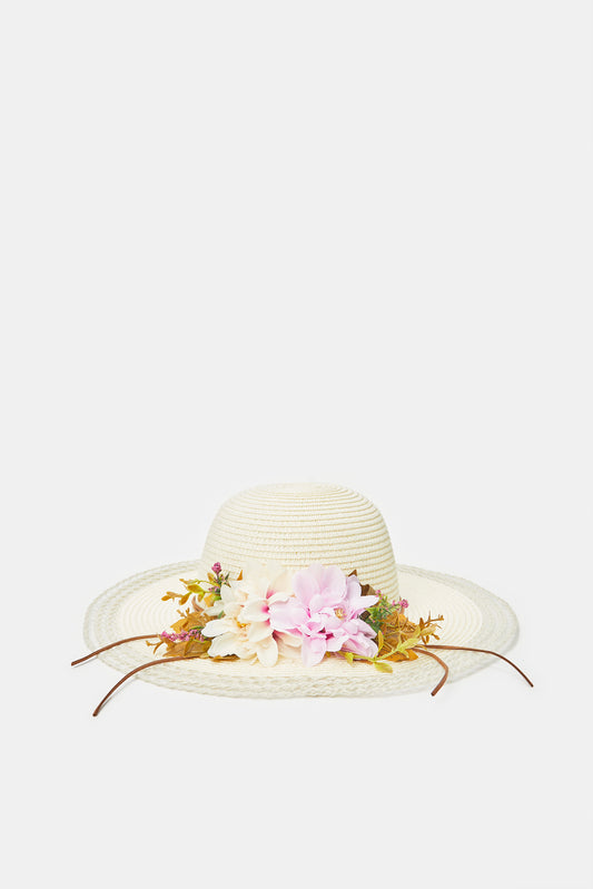 قبعة شمس مزينة باللون الأبيض للنساء