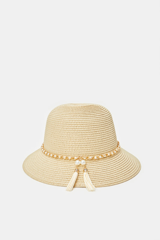 قبعة شمس مزينة باللون البيج للنساء