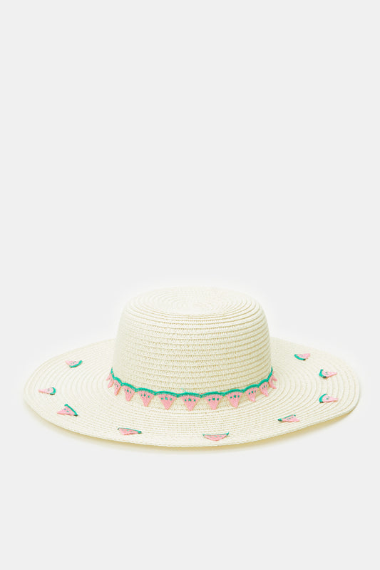 قبعة شمس مزينة باللون البيج والوردي للبنات