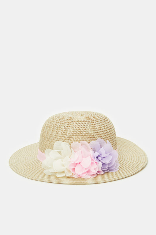 قبعة شمس مزينة باللون البيج للبنات