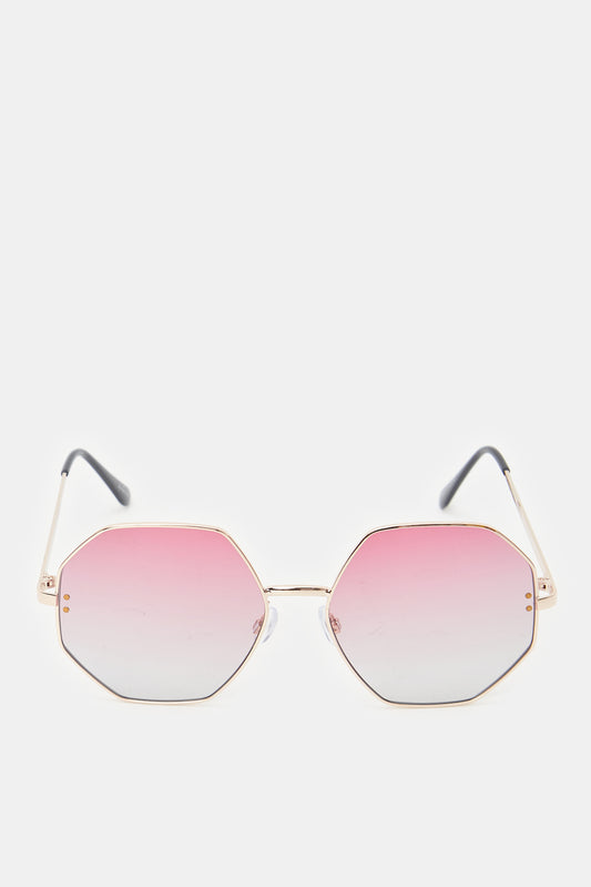 Women Gold And Pink Hexagonal Sunglasses