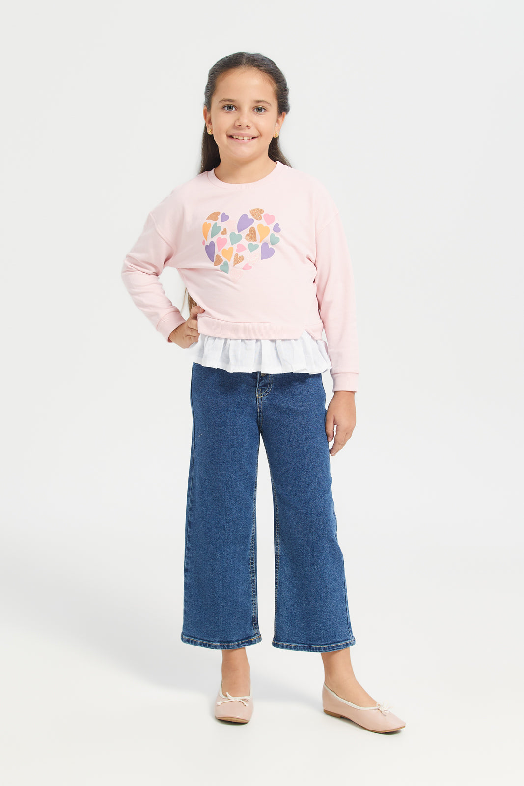 Buy Girls Pink Long Sleeve Sweatshirt With Woven Ruffles At Bottom 