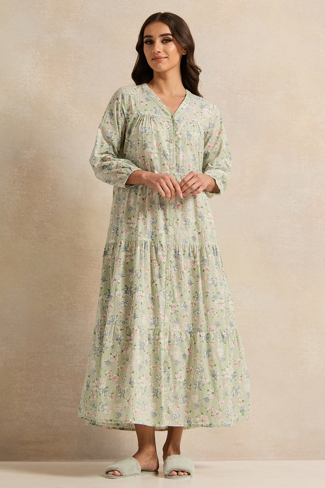 Buy Women Green Floral Tiered Nightgown 130188380 in Saudi Arabia | REDTAG