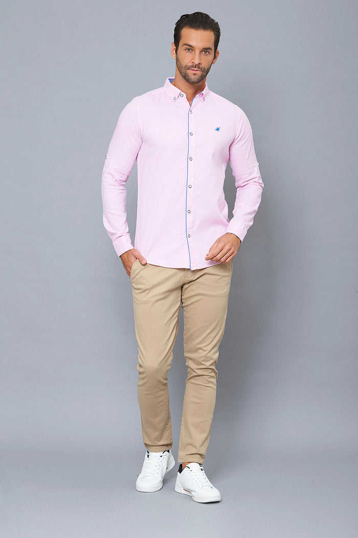 Pink Slim-Fit Long Sleeve Birdseye Shirt - REDTAG