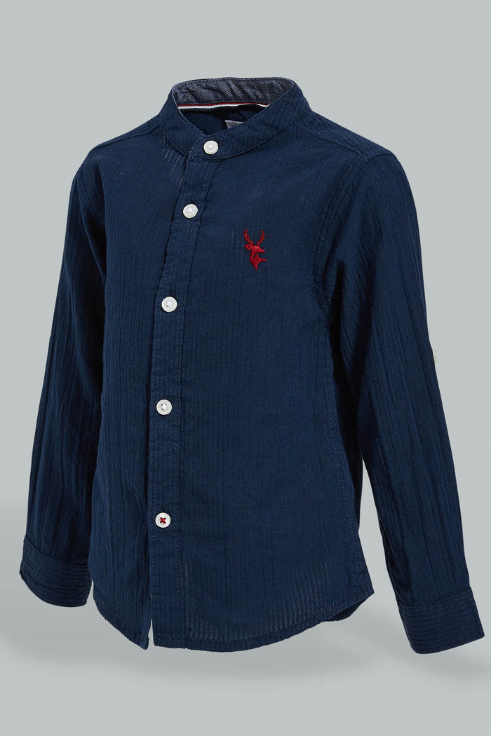 Redtag-Navy-Shear-Sucker-Long-Sleeve-Shirt-Casual-Shirts-Infant-Boys-3 to 24 Months