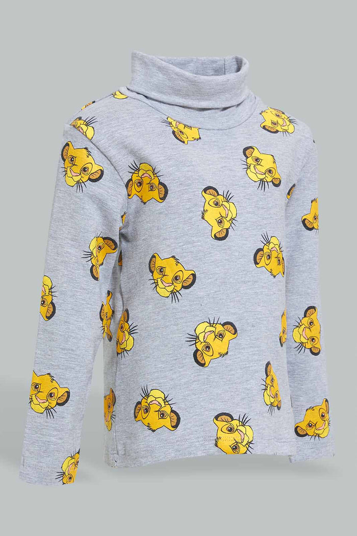 Redtag-Grey-Simba-Printed-High-Neck-Tshirt-Long-Sleeves-Infant-Boys-3 to 24 Months