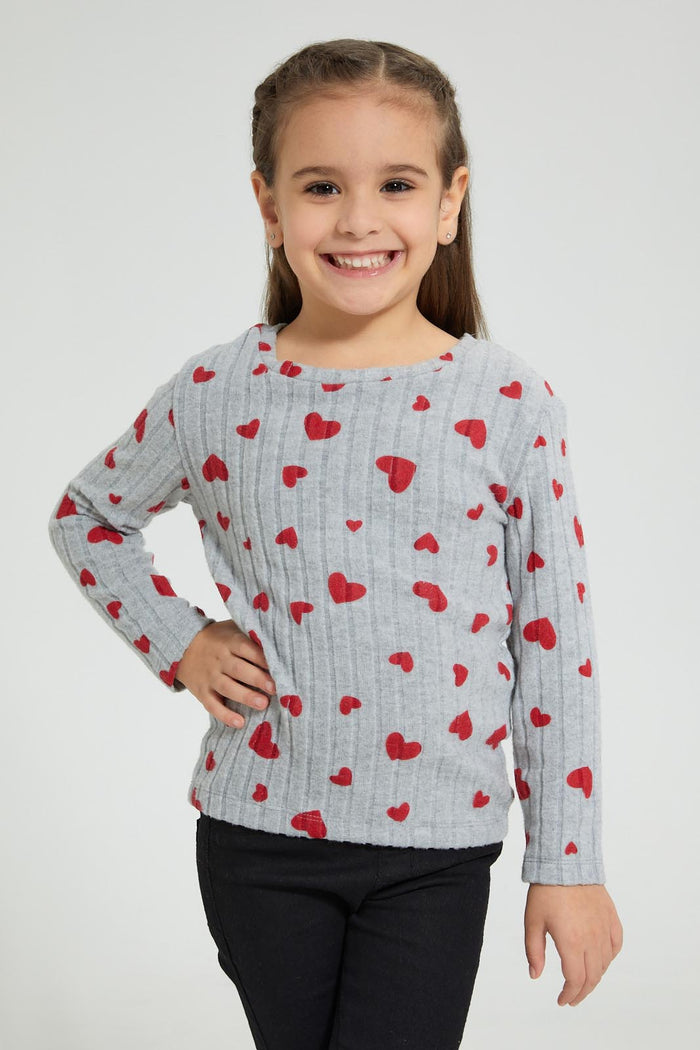 Redtag-Grey-Heart-Print-Brushed-Fabric-T-Shirt-Long-Sleeves-Girls-2 to 8 Years