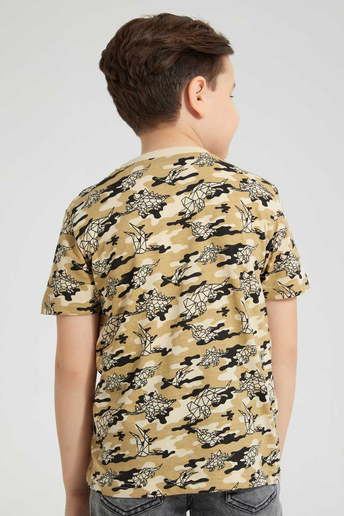 Redtag-Olive-Dinosaur-T-Shirt-All-Over-Prints-Boys-2 to 8 Years