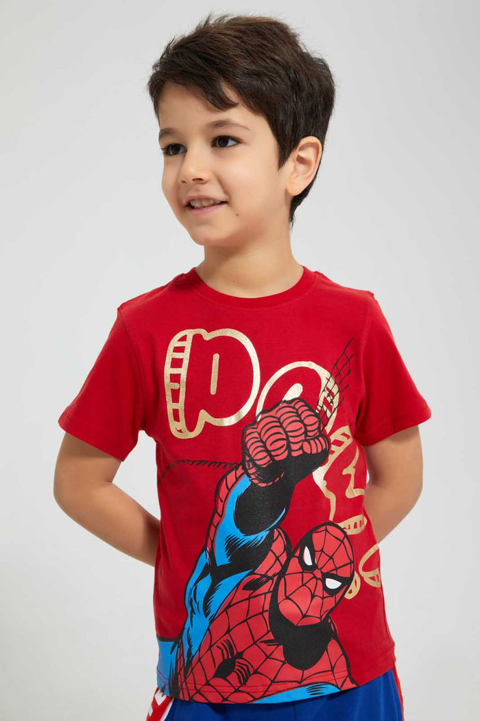 Redtag-Red-Spiderman-Pow-Print-T-Shirt-All-Over-Prints-Boys-2 to 8 Years