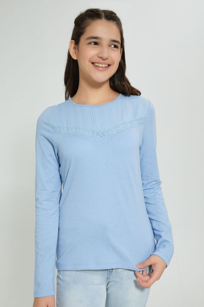 Redtag-Lt-Blue-L/S-Front-Pleating-Top-Long-Sleeves-Senior-Girls-9 to 14 Years