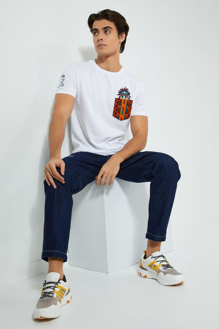 Redtag-White-T-Shirt-With-Embroidered-Graphic-Prints-Men's-