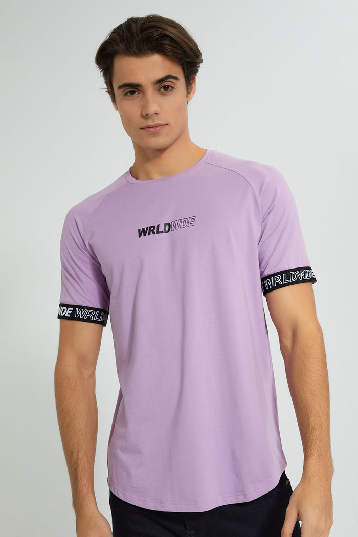 Redtag-Purple-Stretch-T-Shirt-With-Cuff-Tape-Graphic-Prints-Men's-