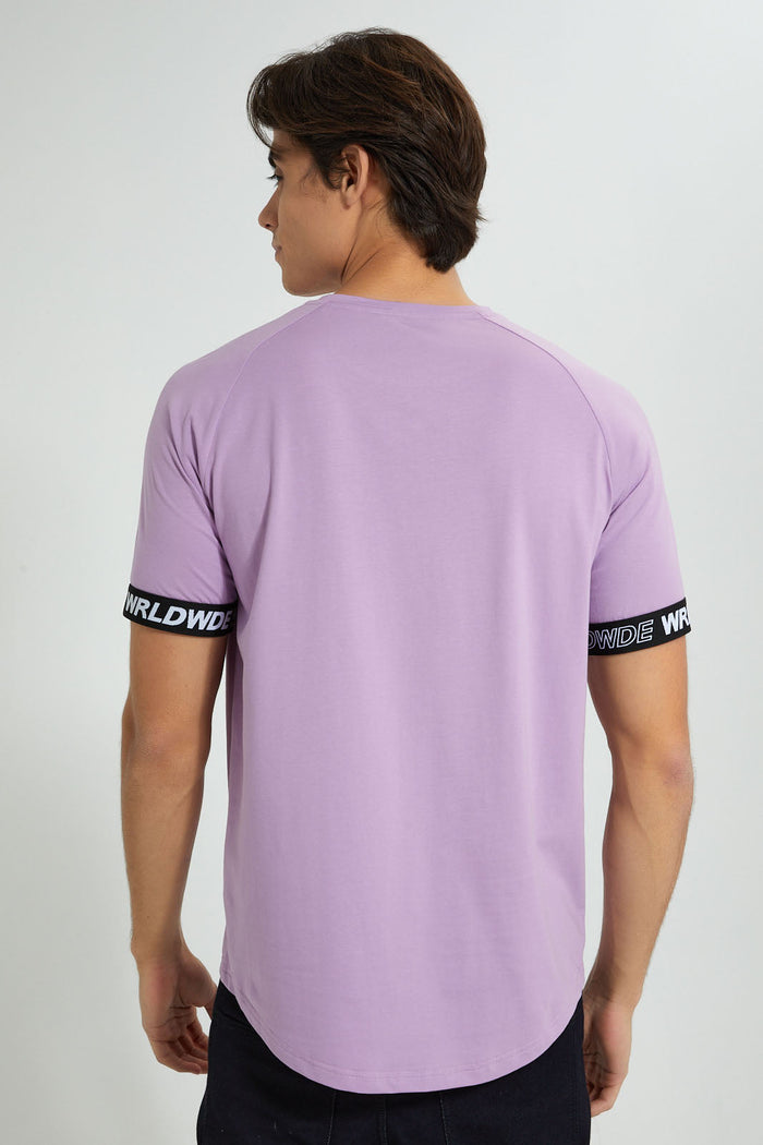 Redtag-Purple-Stretch-T-Shirt-With-Cuff-Tape-Graphic-Prints-Men's-