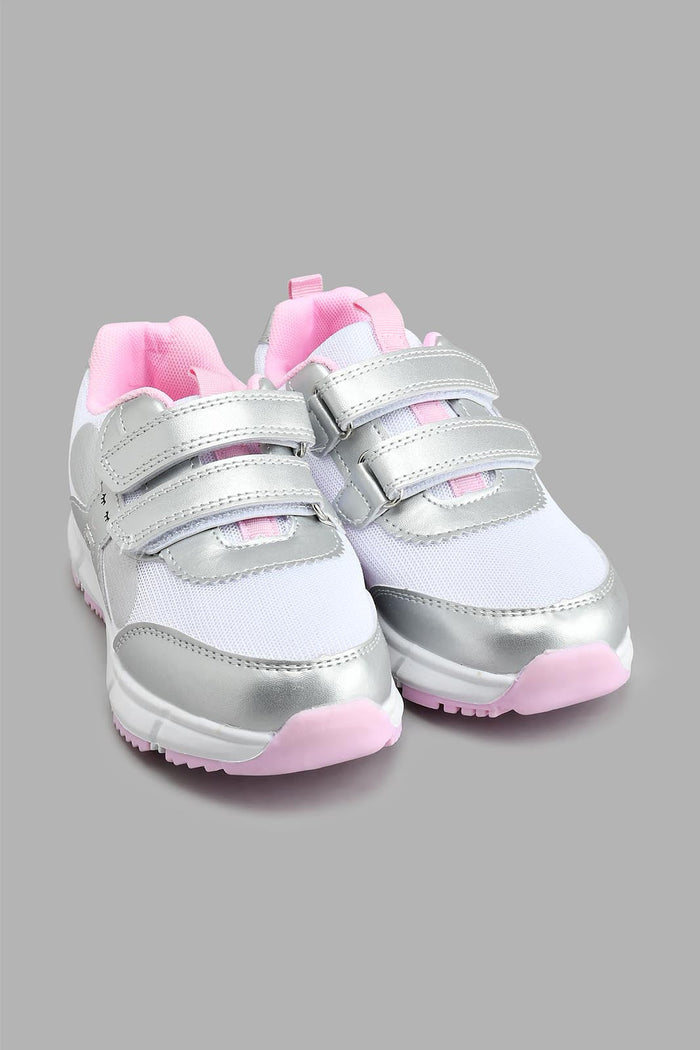 Redtag-Silver-Floral-Trim-Slim-Runner-Colour:Silver,-Filter:Girls-Footwear-(3-to-5-Yrs),-GIR-Trainers,-New-In,-New-In-GIR-FOO,-Non-Sale,-S22B,-Section:Kidswear-Girls-3 to 5 Years