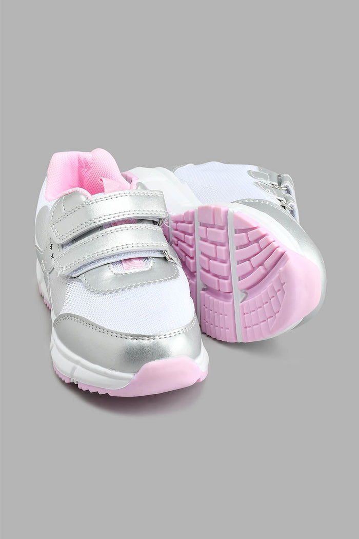 Redtag-Silver-Floral-Trim-Slim-Runner-Colour:Silver,-Filter:Girls-Footwear-(3-to-5-Yrs),-GIR-Trainers,-New-In,-New-In-GIR-FOO,-Non-Sale,-S22B,-Section:Kidswear-Girls-3 to 5 Years