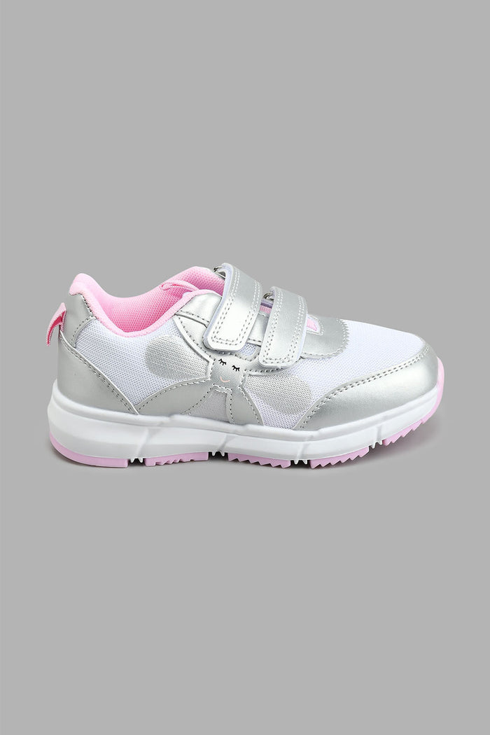 Redtag-Silver-Floral-Trim-Slim-Runner-Colour:Silver,-Filter:Girls-Footwear-(3-to-5-Yrs),-GIR-Trainers,-New-In,-New-In-GIR-FOO,-Non-Sale,-S22B,-Section:Kidswear-Girls-3 to 5 Years