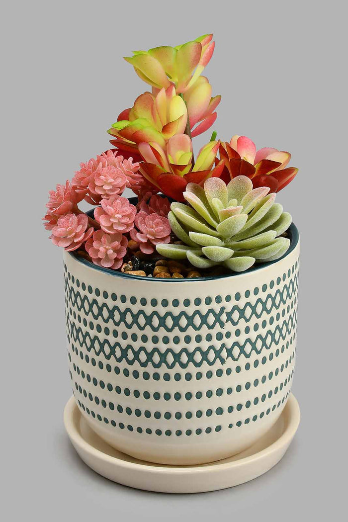 Redtag-White-And-Navy-Ceramic-Pot-With-Artificial-Plant-Colour:Navy,-Colour:White,-Filter:Home-Decor,-HMW-HOM-Plants-&-Flowers,-New-In,-New-In-HMW-HOM,-Non-Sale,-S22A,-Section:Homewares-Home-Decor-