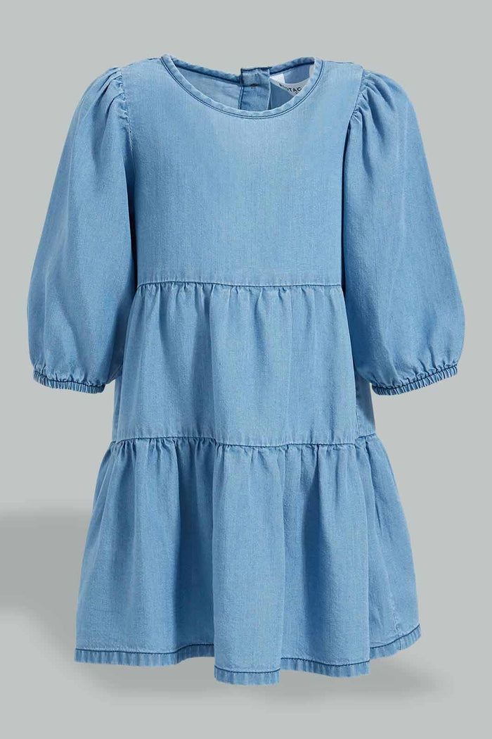 Redtag-Denim-Long-Ruffle-Sleeves-Dress-Dresses-Infant-Girls-3 to 24 Months