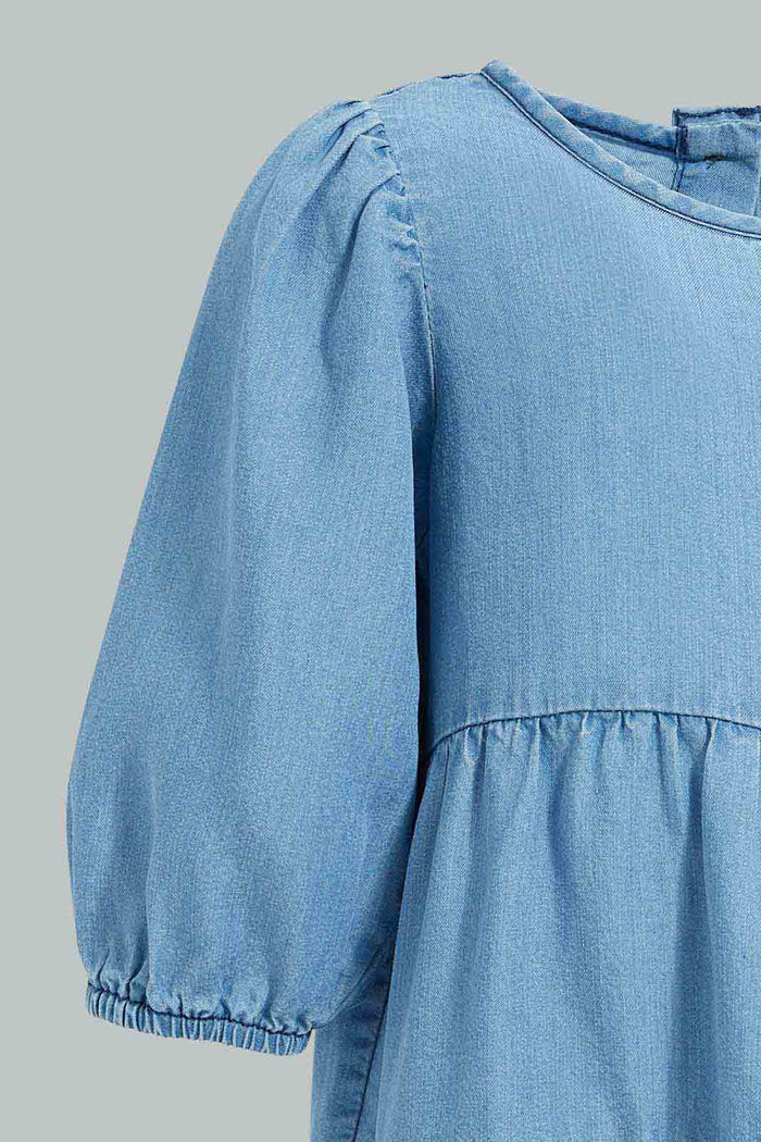 Redtag-Denim-Long-Ruffle-Sleeves-Dress-Dresses-Infant-Girls-3 to 24 Months