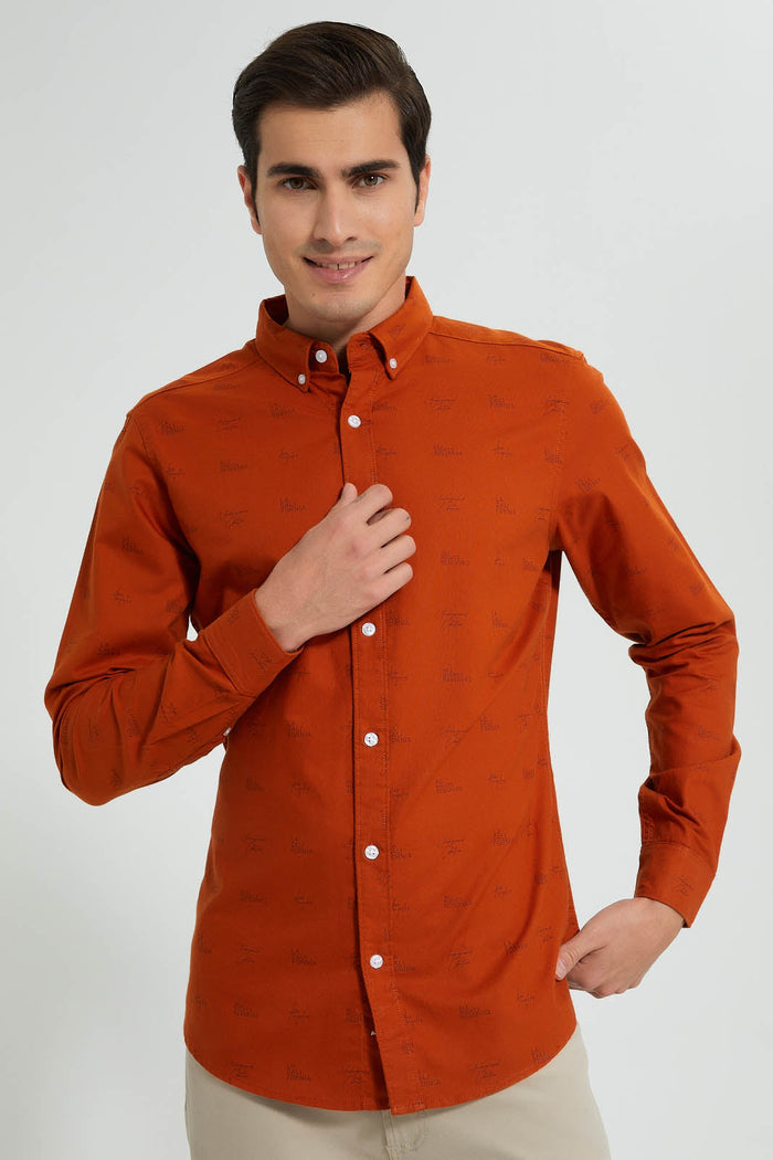 Redtag-Rust-Printed-Oxford-Shirt-Casual-Shirts-Men's-