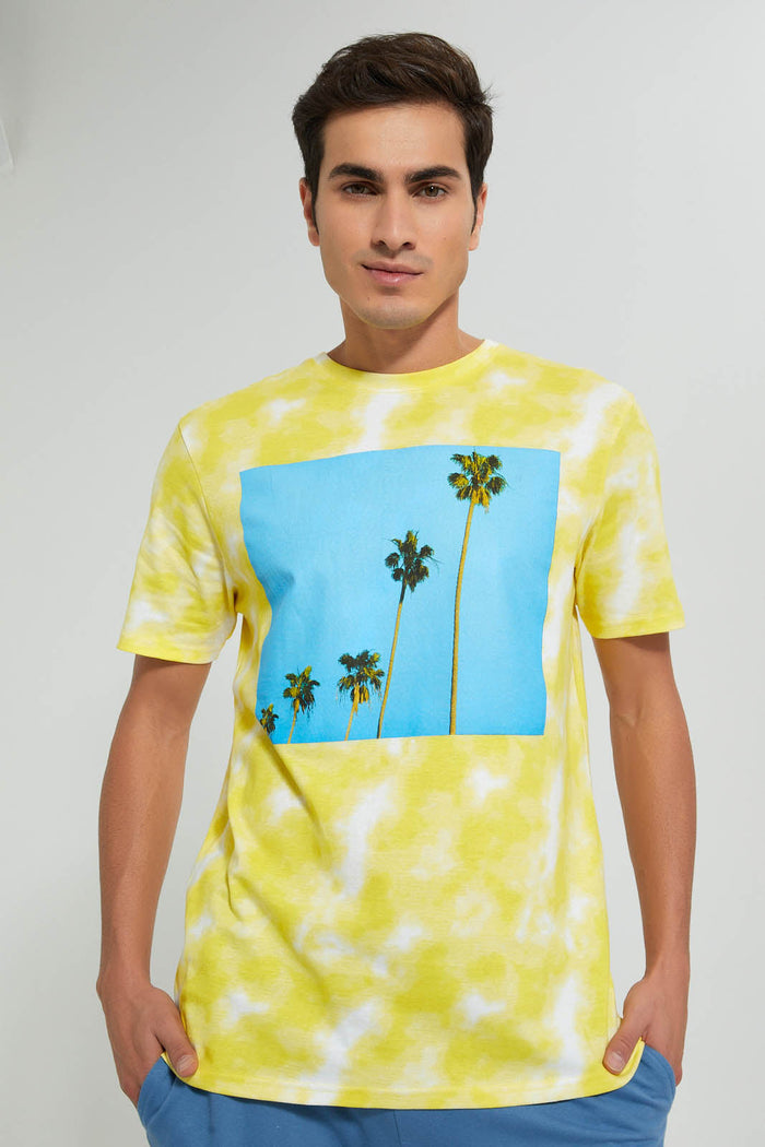 Redtag-Yellow-Tie-&-Dye-With-Chest-Print-T-Shirt-All-Over-Prints-Men's-