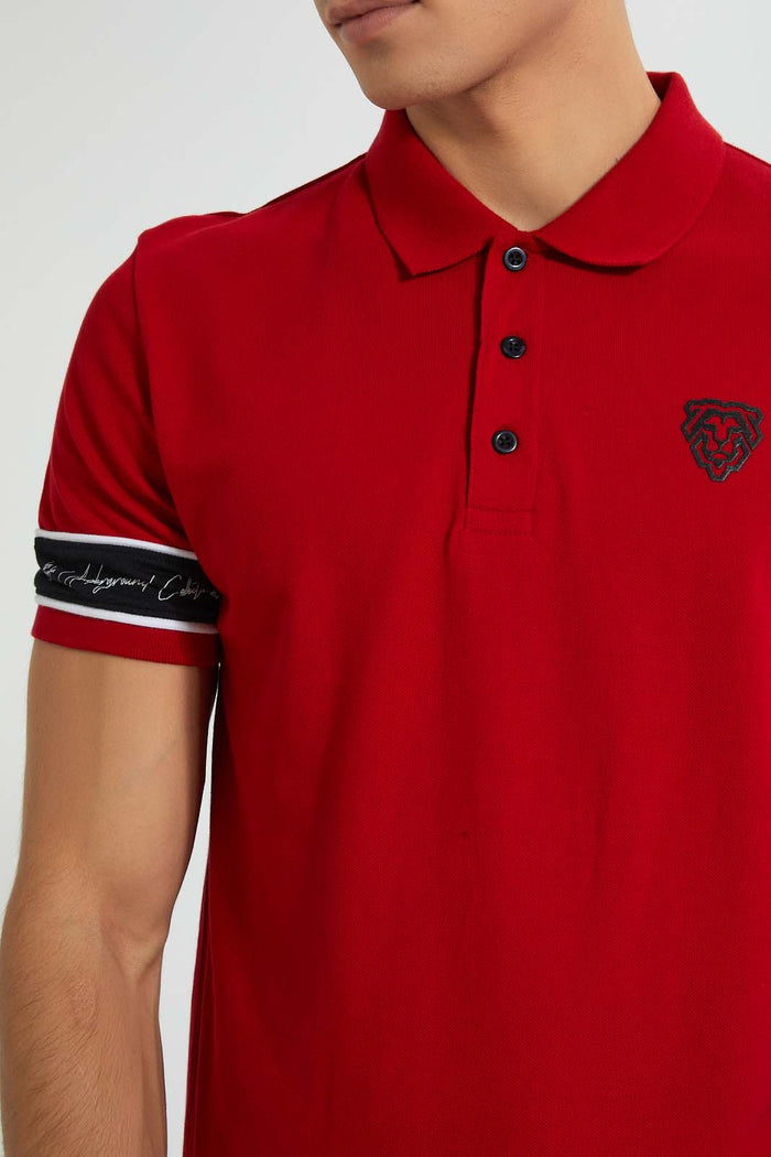 Redtag-Red-Polo-Shirt-With-Tape-Detailing-Polo-Shirts-Men's-