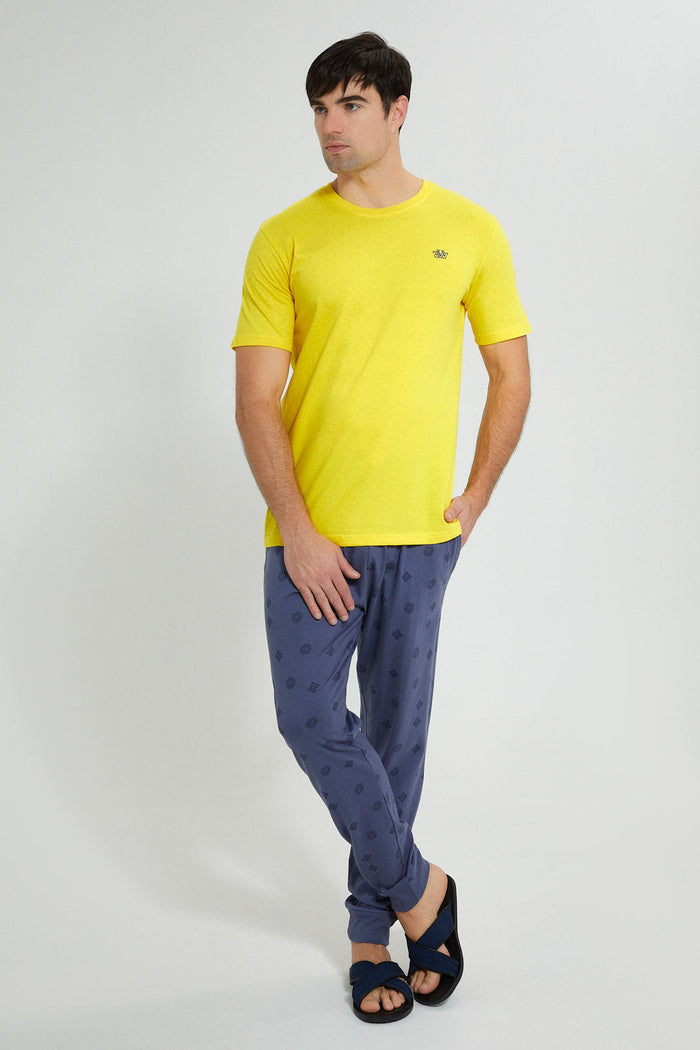 Redtag-Yellow-T-Shirt-With-Indigo-Printed-Pyjama-Set-Pyjama-Sets-Men's-