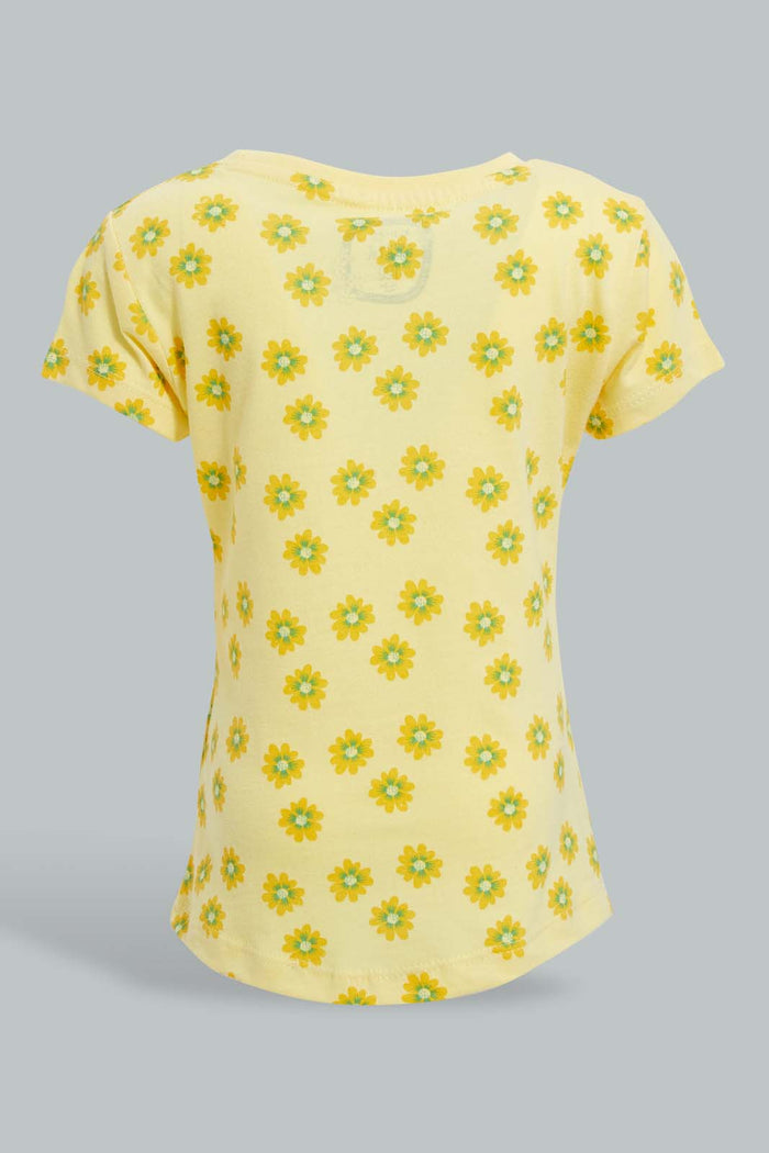 Redtag-Yellow-Printed-Graphic-Short-Sleeve-Tee-All-Over-Prints-Infant-Girls-3 to 24 Months