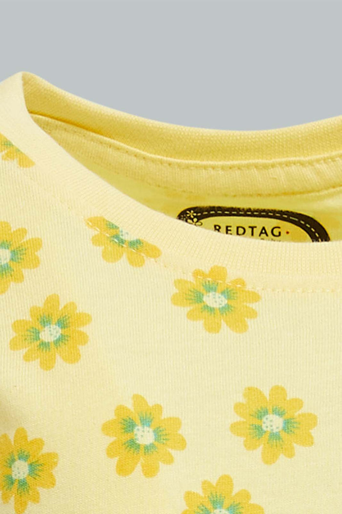Redtag-Yellow-Printed-Graphic-Short-Sleeve-Tee-All-Over-Prints-Infant-Girls-3 to 24 Months