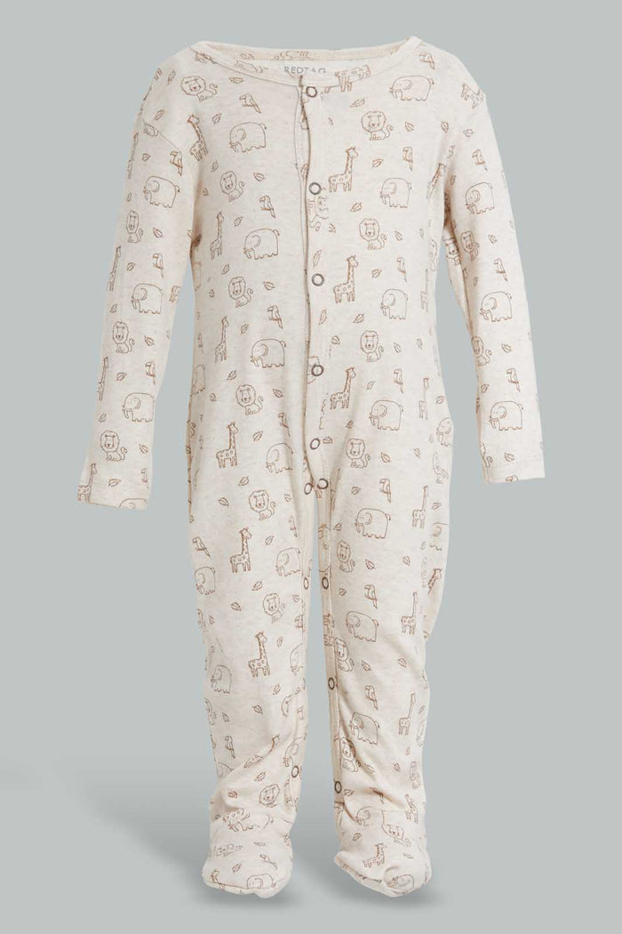 Redtag-Beige-Animal-Print-Sleep-Suit-Sleepsuits-Baby-0 to 12 Months