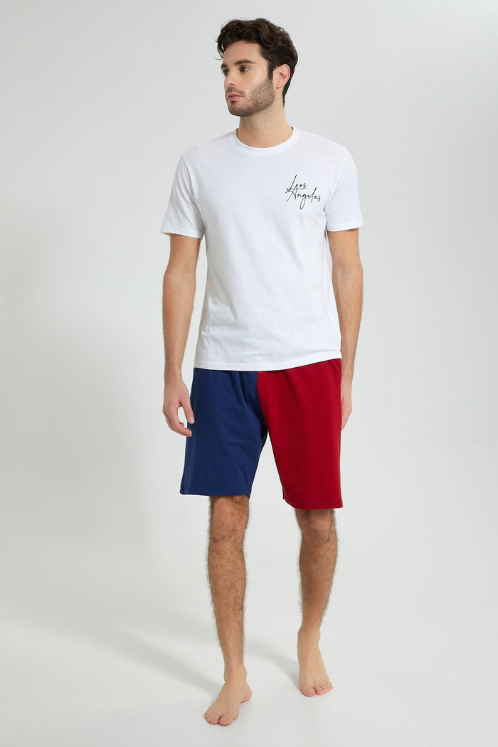 Redtag-White-Chest-Print-Short-Pyjama-Set-Colour:White,-Filter:Men's-Clothing,-Men-Pyjama-Sets,-New-In,-New-In-Men,-Non-Sale,-S22B,-Section:Men-Men's-