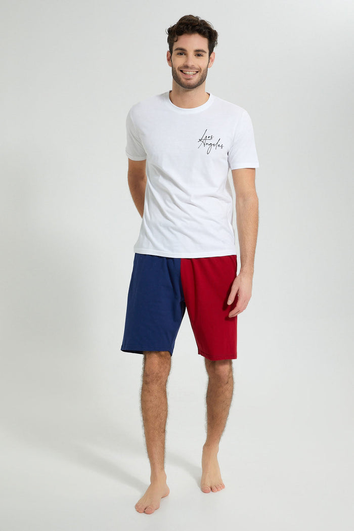 Redtag-White-Chest-Print-Short-Pyjama-Set-Colour:White,-Filter:Men's-Clothing,-Men-Pyjama-Sets,-New-In,-New-In-Men,-Non-Sale,-S22B,-Section:Men-Men's-