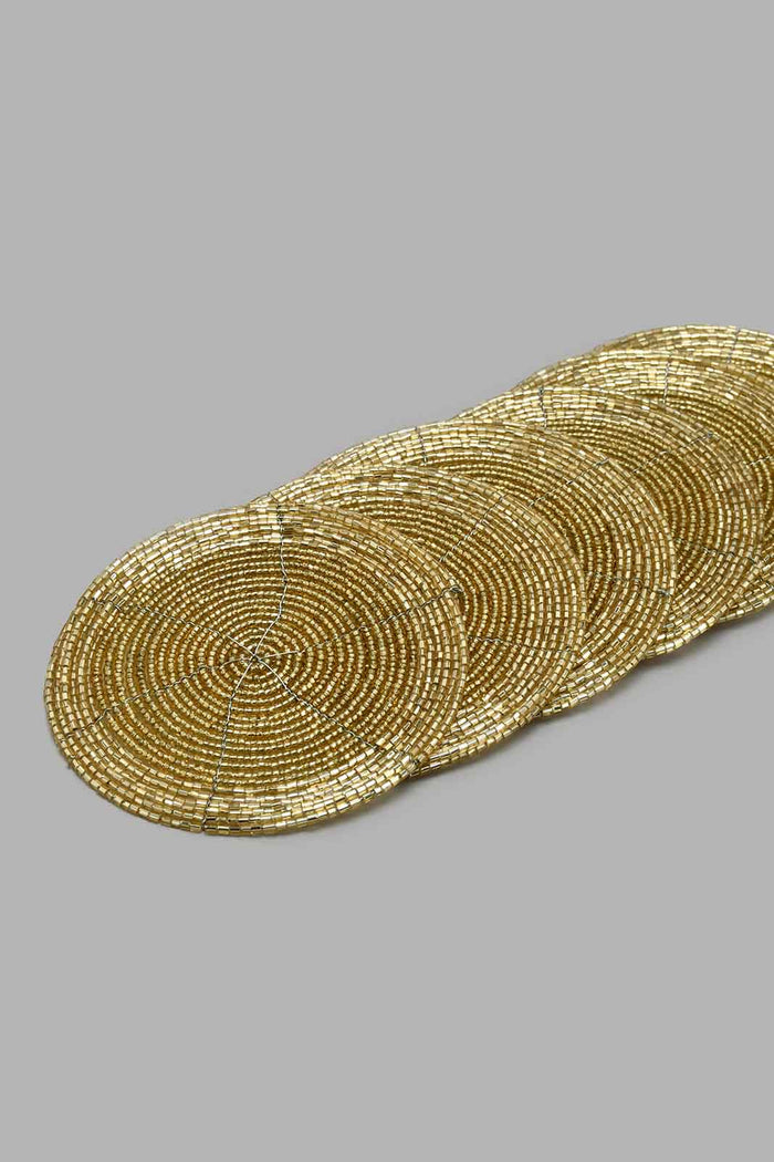 Redtag-Gold-Round-Beaded-Coaster-Set-(6-Piece)-Coasters-Home-Dining-