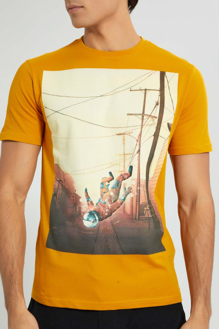 Redtag-Mustard-Graphic-T-Shirt-Graphic-Prints-Men's-