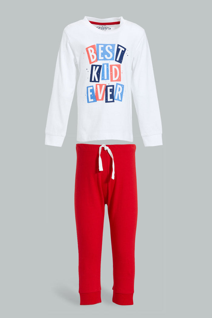 Redtag-Off-White-T-Shirt-And-Red-Bottom-Pj-Set-(2-Pack)-Pyjama-Sets-Infant-Boys-3 to 24 Months