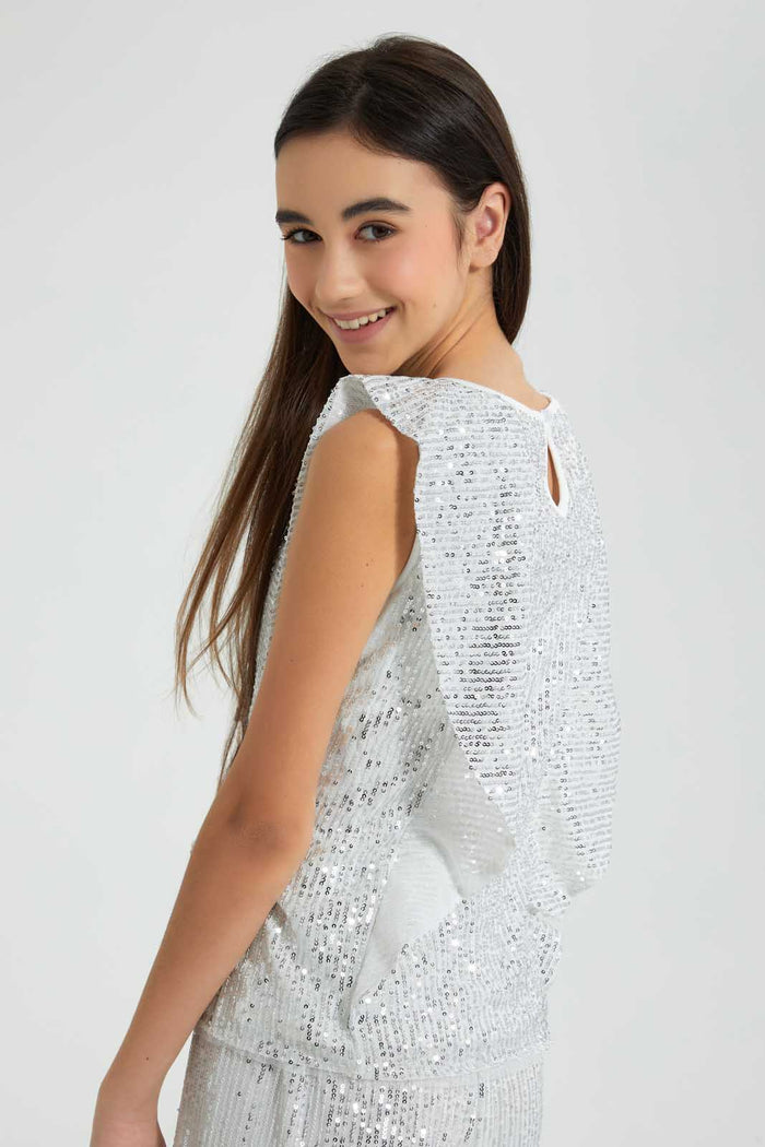 Redtag-Silver-Sequin-Ruffled-Front-Top-Embellished-Senior-Girls-9 to 14 Years