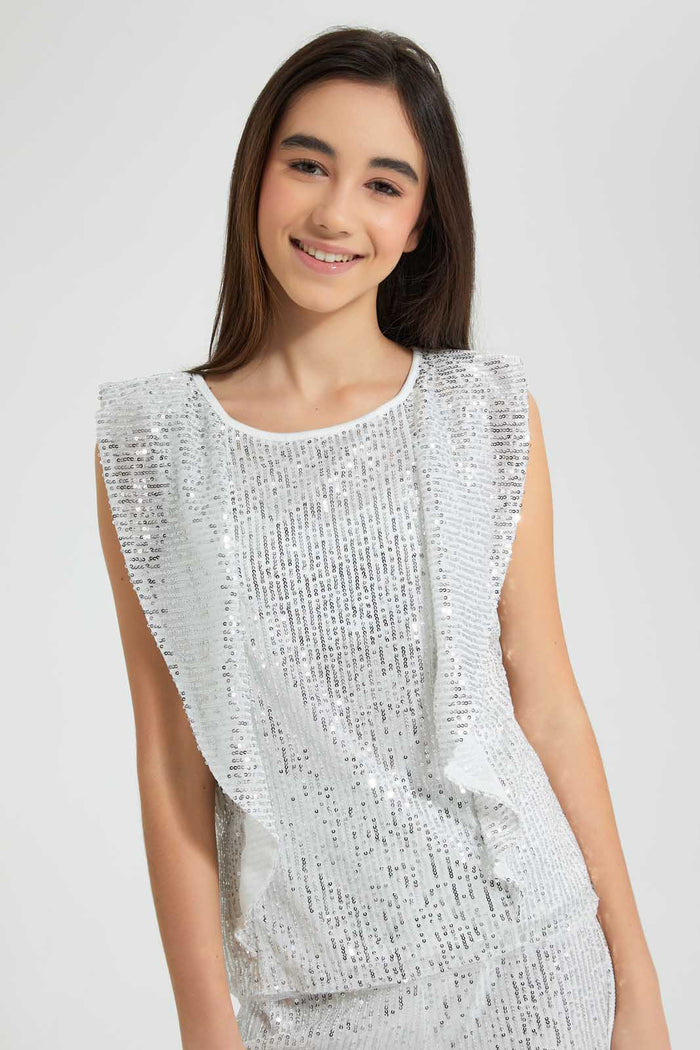 Redtag-Silver-Sequin-Ruffled-Front-Top-Embellished-Senior-Girls-9 to 14 Years