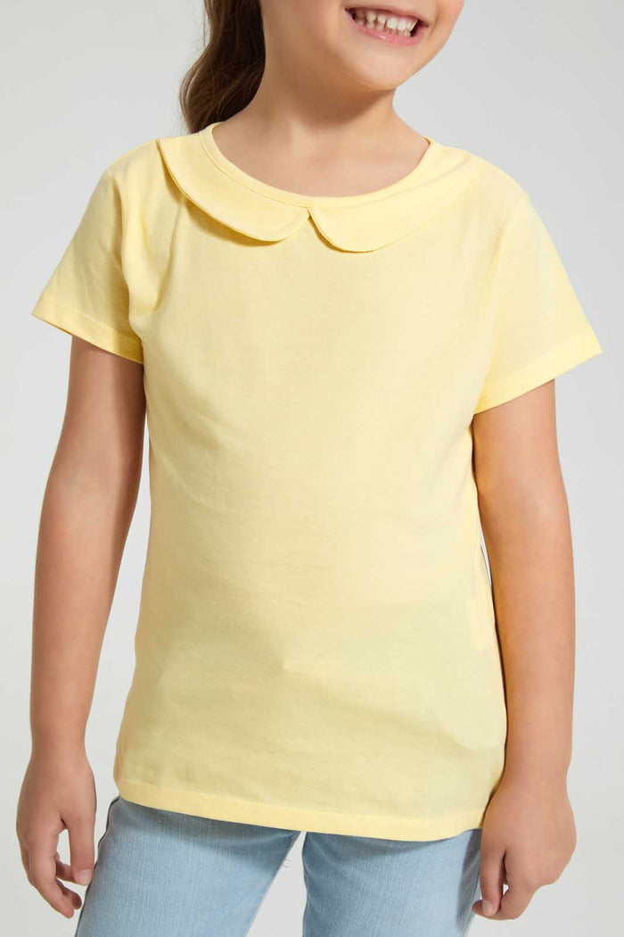 Redtag-Yellow-Collar-Plain-Tee-Blouses-Girls-2 to 8 Years