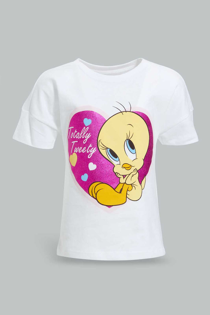 Redtag-White-Tweety-Printed-T-Shirt-All-Over-Prints-Infant-Girls-3 to 24 Months