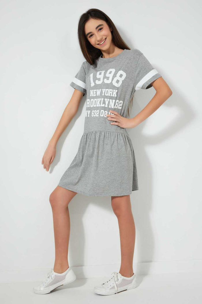 Redtag-Grey-Melange-Sporty-Dress-Dresses-Senior-Girls-9 to 14 Years