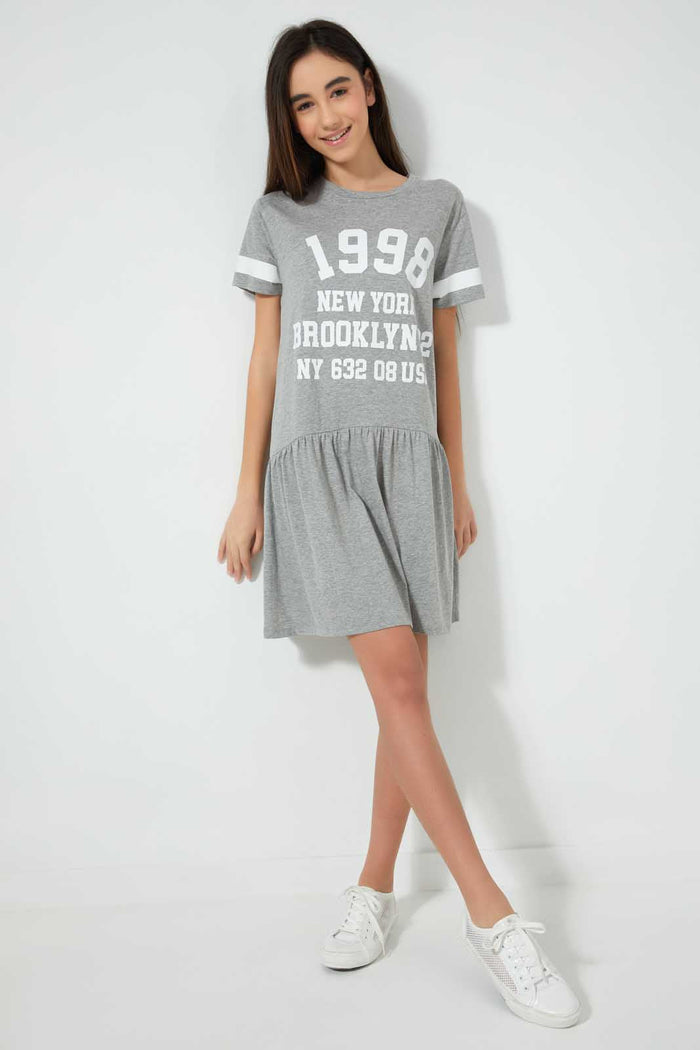 Redtag-Grey-Melange-Sporty-Dress-Dresses-Senior-Girls-9 to 14 Years