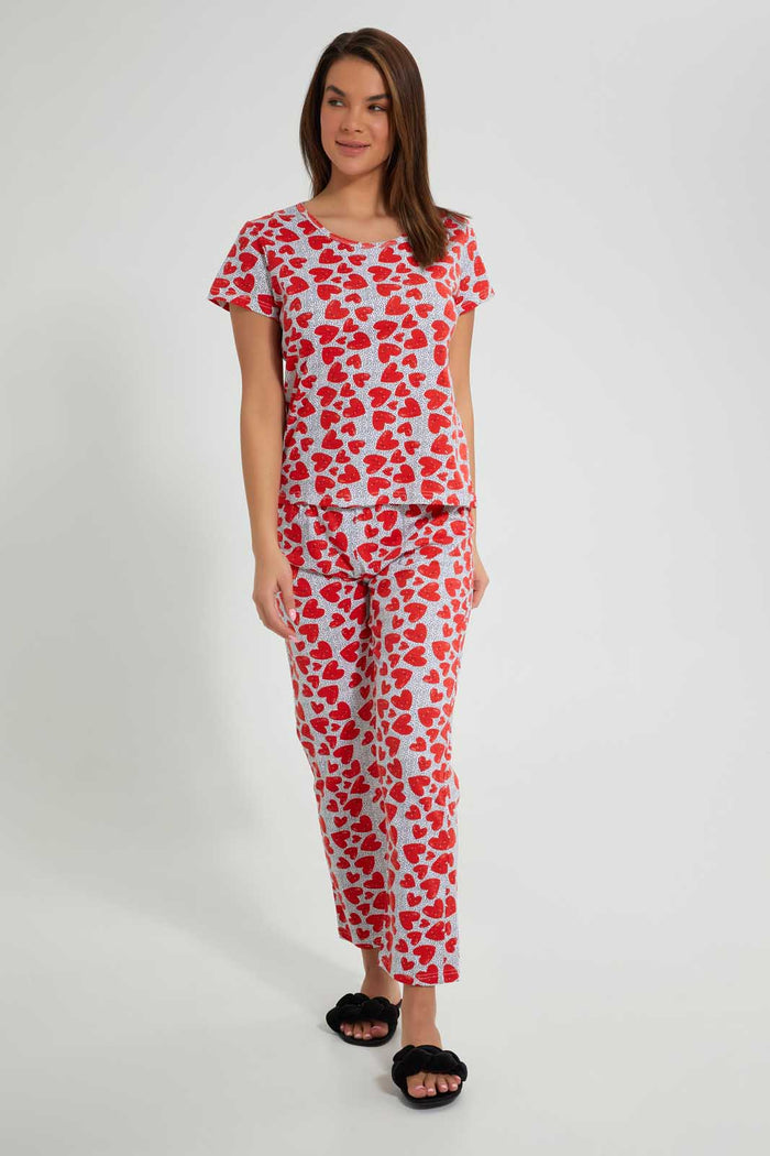 Redtag-White/Red-Heart-Printed-Pyjama-Set-Pyjama-Sets-Women's-